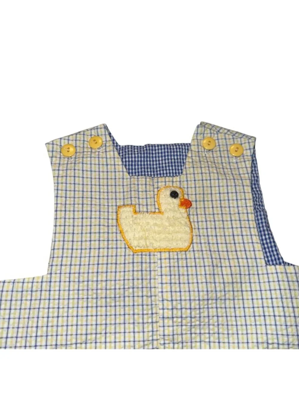 Kracker Jack Kids 9 Mo Baby Romper Yellow & Blue Plaid Duck Embroidery 100% Cott